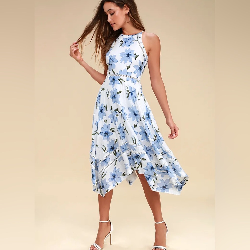 Lulus Blue and White Floral Print Midi Dress